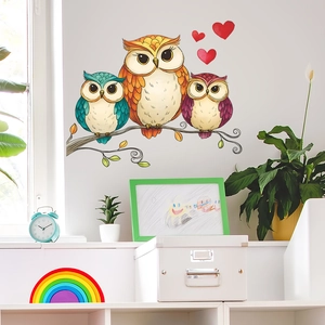 Cartoon owl family wall stickers for bedroom featuring birds on tree branch decor