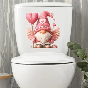 Valentine's Day gnome sticker with pink heart balloon on white ceramic toilet tank