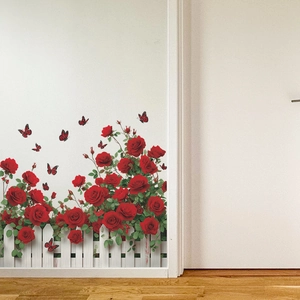 Watercolor red rose flowers with white garden fence and butterflies wall sticker