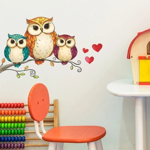 Cartoon owl family wall sticker for kids room with colorful birds and heart decorations