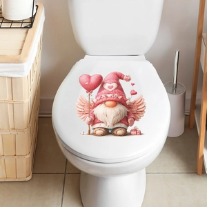 Romantic Valentine Gnome wall sticker with angel wings and heart balloon on white toilet lid