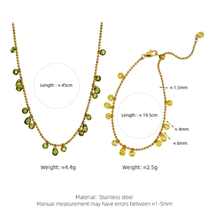 Detailed view of stainless steel beaded necklace and bracelet set with teardrop gemstones