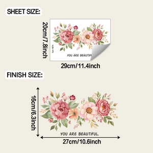 Tableau des dimensions du sticker mural pivoine montrant la taille et le rendu final