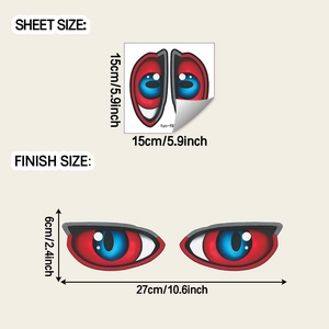 Sheet and finish size dimensions for red and blue cartoon cat eye car stickers
