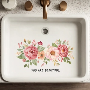 Stickers Muraux de Salle de Bain Fleurs de Pivoine à l'Aquarelle PVC Imperméables Décalcomanies Citation Décoration Lavabo