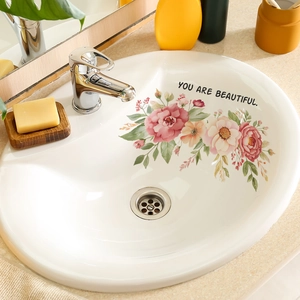 Stickers étanches pour lavabo aux motifs de pivoines avec citation décorative