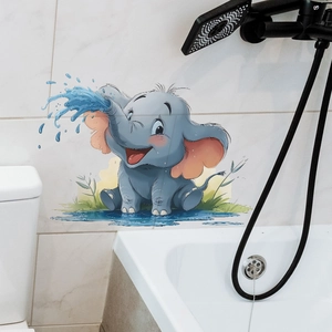 Cartoon elephant wall sticker for bathroom decor with waterproof blue baby elephant design