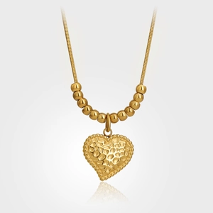 Collana con Pendente a Cuore Martellato Vintage Francese in Acciaio al Titanio Placcato Oro Catena a Serpente per Donna