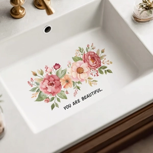 Sticker mural salle de bain pivoines avec texte You Are Beautiful décoration