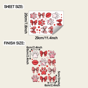 Detail view of cartoon bow and paw stickers with sheet size dimensions in centimeters