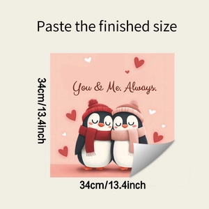 Detail showing romantic penguin decorative wall sticker with You and Me Always text