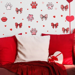 Cartoon Valentine wall stickers with red bows, paw prints and hearts for home decor