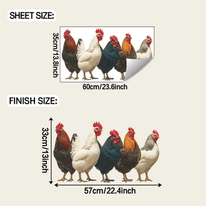 Wall decal sheet showing various rooster styles with sheet and finish size specifications
