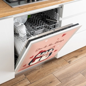 Romantic penguin couple dishwasher magnetic cover decal with heart patterns and You & Me text