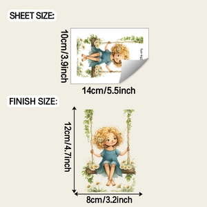 Cartoon girl on daisy swing light switch sticker showing sheet and finish size