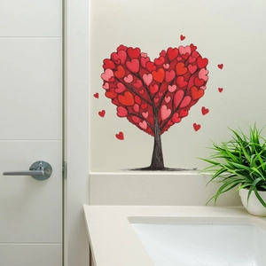 Waterproof heart tree wall decal for bathroom decoration with red and pink heart patterns