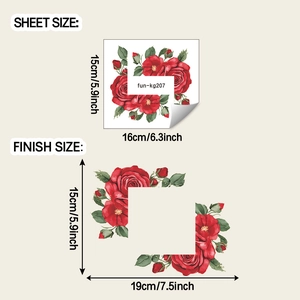 Sheet and finish dimensions for red rose decorative wall sticker with floral design