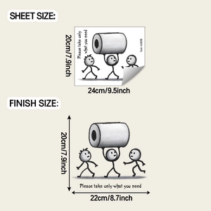 Detail showing sheet size and finish size dimensions for stick figure toilet wall stickers