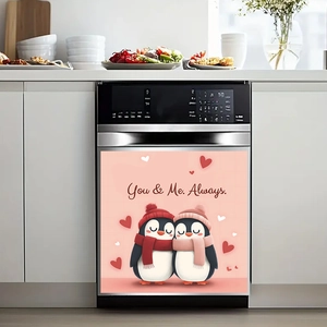 Kitchen dishwasher cover with cute penguins and 'You & Me Always' romantic quote