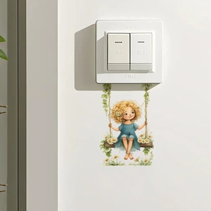 Cartoon girl on daisy swing wall decal for home switch and nursery room decoration
