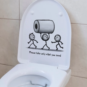 Funny stickman figures carrying toilet paper sticker with Please take only what you need text