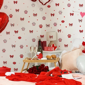 Romantic Valentine Wall Decals with Red Bows and Paw Prints for Bedroom Decor