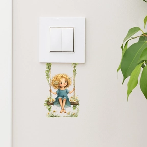 Cartoon Girl On Daisy Swing PVC Wall Sticker Waterproof Switch Decorative Decal For Kids Room Bedroom Living Room Home Decoration