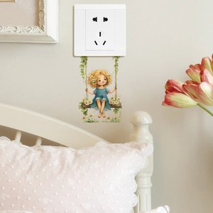 Cartoon girl on daisy swing light switch wall sticker for home bedroom decor