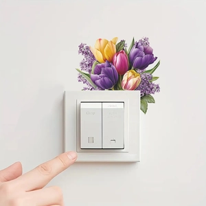 Self-adhesive floral wall sticker with purple and yellow tulips for home switch decoration