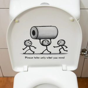 Creative toilet sticker showing three stick figures lifting a tissue roll on lid