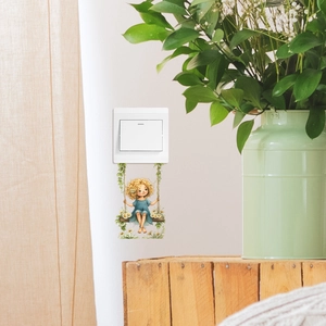 Cartoon girl on daisy swing switch wall sticker for cozy home bedroom decoration