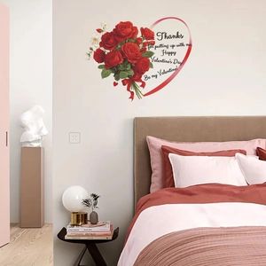 Romantic heart-shaped red rose bouquet wall sticker with Happy Valentine's Day slogan