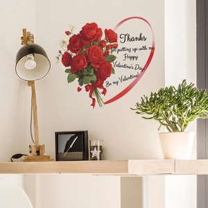 Romantic red rose wall decal with Valentine's Day text and heart outlines for bedroom