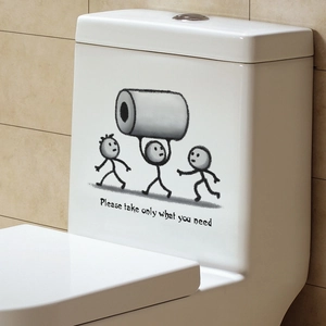 Funny stick figures lifting toilet paper sticker with eco-friendly reminder text
