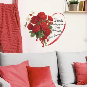 Romantic red rose wall decal with Valentine's Day quote for bedroom wall decoration