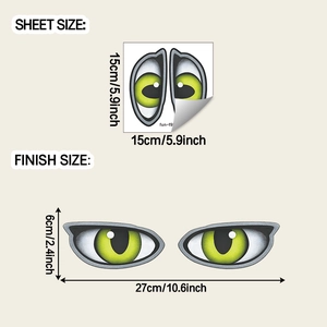 Detail of green eye car stickers showing sheet and finish dimensions in cm and inch