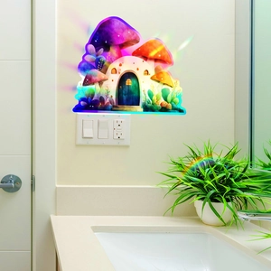 Holographic colorful mushroom house wall sticker for creative home decor and room decoration