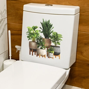 Tropical green plant toilet stickers with snake plant and monstera leaves on PVC