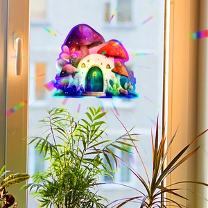 Rainbow holographic mushroom house window sticker with colorful light refraction effect