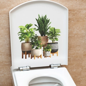 Tropical potted plants toilet lid sticker with green leaves and woven baskets pattern