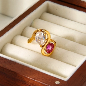 Bague ouverte en acier inoxydable doré 18K avec zircons de forme poire et ovale, luxe