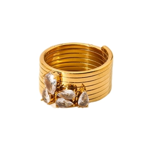 Anello multistrato in acciaio inossidabile placcato oro 18K con zirconi a goccia da donna