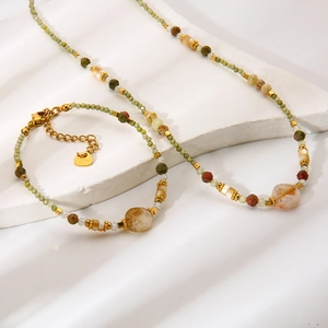 Parure de collier et bracelet en pierre naturelle et acier inoxydable avec pampille cœur