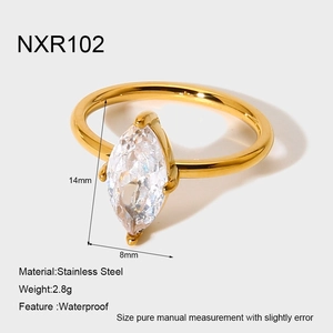 Macro detail of gold plated stainless steel ring with 14x8mm marquise cut cubic zirconia