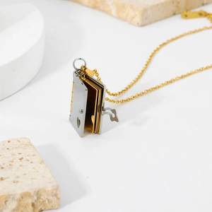 Y2K vintage titanium steel necklace featuring an openable book pendant and gold cross chain