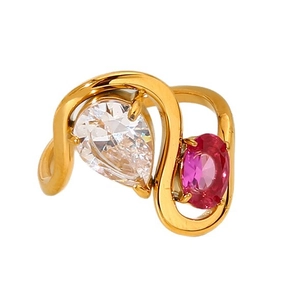 Bague en acier inoxydable plaqué or 18 carats avec zircon poire et pierre rose