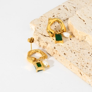 Elegant 18K gold plated stainless steel emerald zircon and freshwater pearl drop earrings
