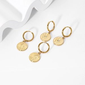 Gold-plated stainless steel hoop earrings with snake embossed coin charms and zircon