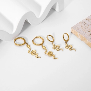 Polished 14k gold plated stainless steel snake pendant hoop earrings in two sizes