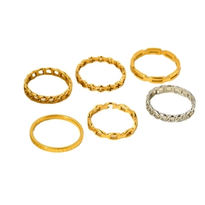 Set di 6 anelli vintage in acciaio al titanio placcato oro 18K e argento con motivi croce e catena